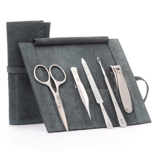 GERMANIKURE 5pc Men's Manicure Set - FINOX® Surgical Steel: Beard & Mustache Scissors, Cleaner, Sapphire Nail File, Tweezers, Toenail Clippers in Leather