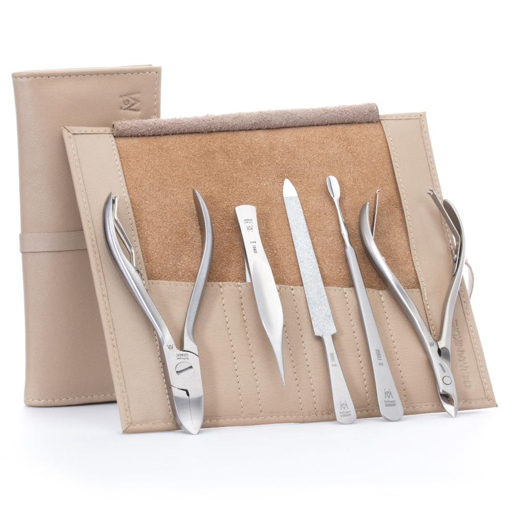 GERMANIKURE 5pc Manicure Set - FINOX® Surgical Steel: Toenail Nippers, Cuticle Nippers, Pusher, Pointed Tweezers and Sapphire Nails File in Leather