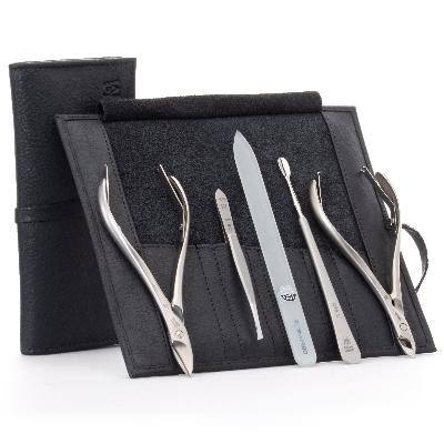 5pc Manicure & Pedicure Set in Leather Case - FINOX® Stainless Steel: Toenail Nissors, Cuticle Nipper, Pusher, Pointed Tweezers and Glass Nail File