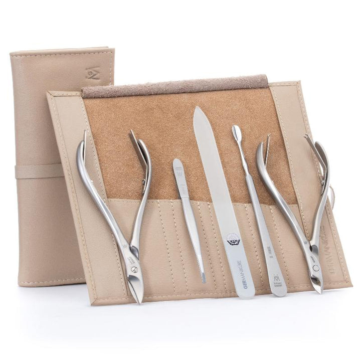 5pc Manicure & Pedicure Set in Leather Case - FINOX® Stainless Steel: Toenail Nissors, Cuticle Nipper, Pusher, Pointed Tweezers and Glass Nail File