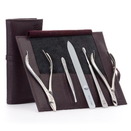 5pc Manicure & Pedicure Set in Leather Case - FINOX® Stainless Steel: Toenail Nissors, Cuticle Nipper, Pusher, Pointed Tweezers and Glass Nail File
