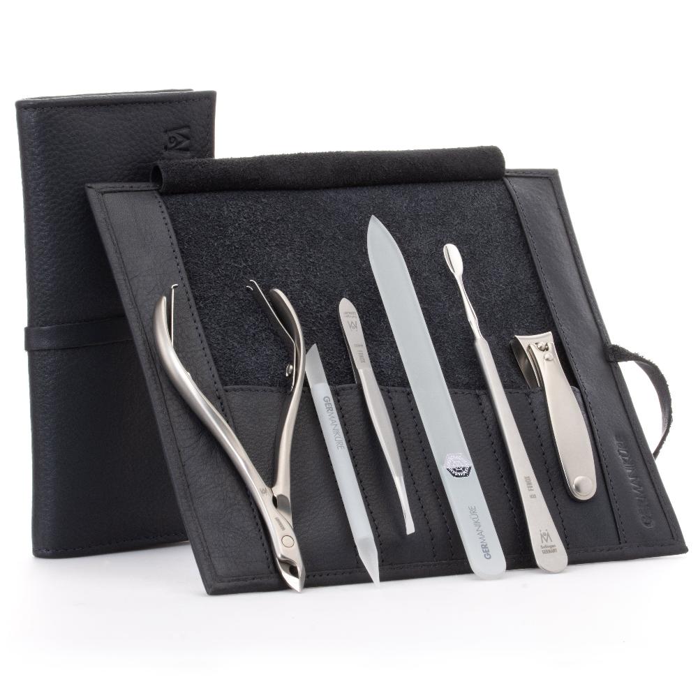 GERMANIKURE 6pc Manicure Set in Leather Case - FINOX® Surgical Steel: Cuticle Nipper, Nail Clipper, Cuticle Pusher, Tweezers and Glass Nail File