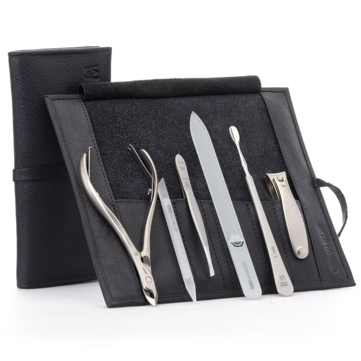 GERMANIKURE 6pc Manicure Set in Leather Case - FINOX® Surgical Steel: Cuticle Nipper, Nail Clipper, Cuticle Pusher, Tweezers and Glass Nail File