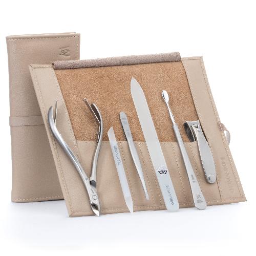 GERMANIKURE 6pc Manicure Set in Leather Case - FINOX® Surgical Steel: Cuticle Nipper, Nail Clipper, Cuticle Pusher, Tweezers and Glass Nail File