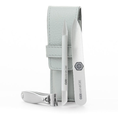 3pcs Travel Manicure Set - German FINOX® Surgical Stainless Steel: Fingernail Clipper, Glass Nail File and Cuticle Stick