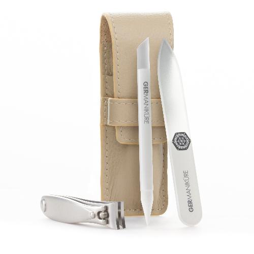 3pcs Travel Manicure Set - German FINOX® Surgical Stainless Steel: Fingernail Clipper, Glass Nail File and Cuticle Stick