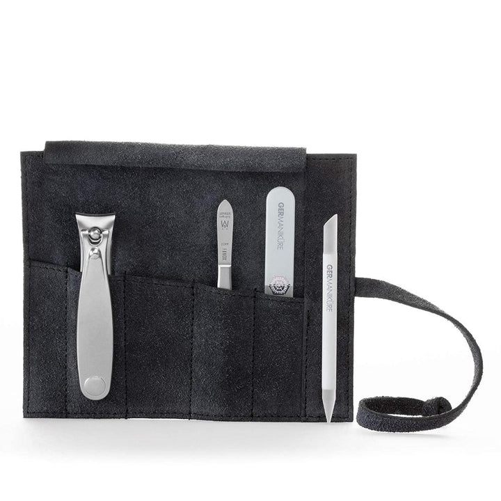 GERMANIKURE 4pc Diabetic Safe Manicure Set in Suede Case - FINOX Stainless Steel Tools Made in Solingen Germany Glass Nail Care Supplies Made in Czech Republic