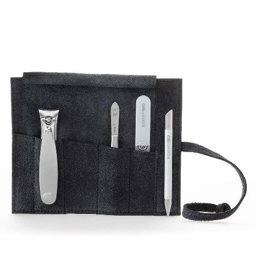 GERMANIKURE 4pc Diabetic Safe Manicure Set in Suede Case - FINOX Stainless Steel Tools Made in Solingen Germany Glass Nail Care Supplies Made in Czech Republic