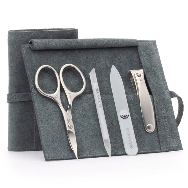 "GERMANIKURE" 4pc Manicure Set in Suede Case- FINOX® Stainless Steel: Combination Scissors, Nail Clipper, Glass Cuticle Stick and Nail File