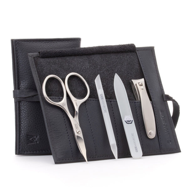 GERMANIKURE - Manicure Set in Leather Case 4pc - FINOX® Stainless Steel: Combination Scissors, Nail Clipper, Glass Cuticle Stick and Nail File