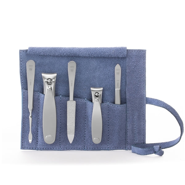 GERMANIKURE 5pc Manicure Set - FINOX® Surgical Steel: Toenail and Fingernail Clippers, Cleaner, Tweezers and Sapphire Nails File in Suede Case