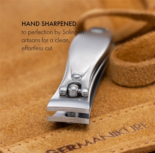 GERMANIKURE 6pc Manicure Set in Suede Case - FINOX® Surgical Stainless Steel: Cuticle Nippers, Nail Clipper, Cuticle Pusher, Tweezers, Glass Cuticle Stick and Nails File