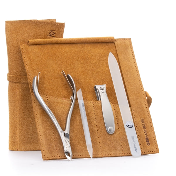 GERMANIKURE 4pc Manicure Set in Suede Case - FINOX® Stainless Steel: Cuticle Nipper, Nail Clipper, Glass Cuticle Stick and Nail File