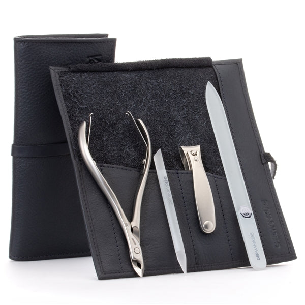 GERMANIKURE - 4pc Manicure Set in Leather Case - FINOX® Stainless Steel: Cuticle Nipper, Nail Clipper, Glass Cuticle Stick and Nail File