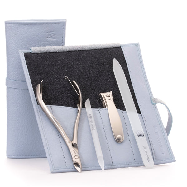 GERMANIKURE - 4pc Manicure Set in Leather Case - FINOX® Stainless Steel: Cuticle Nipper, Nail Clipper, Glass Cuticle Stick and Nail File