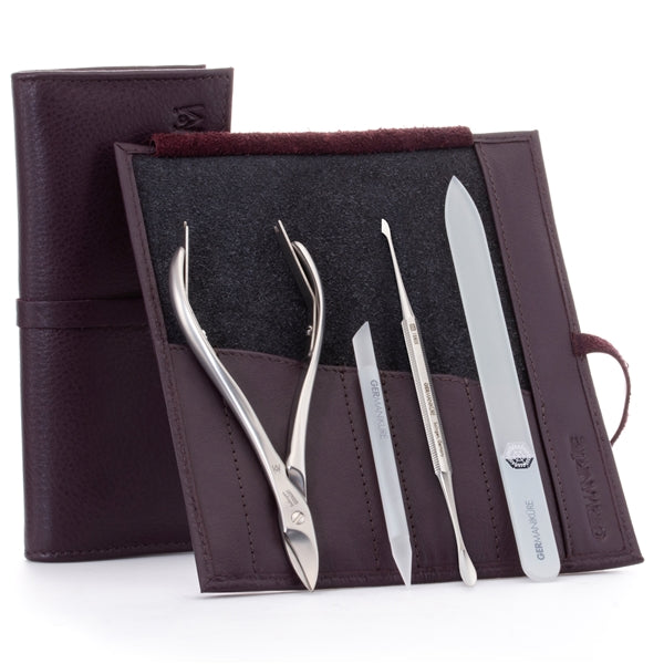 GERMANIKURE 4pc Manicure Set in Leather Case - FINOX® Stainless Steel: Toenail Nissors, Pusher & Cleaner, Glass Cuticle Stick and Nail File