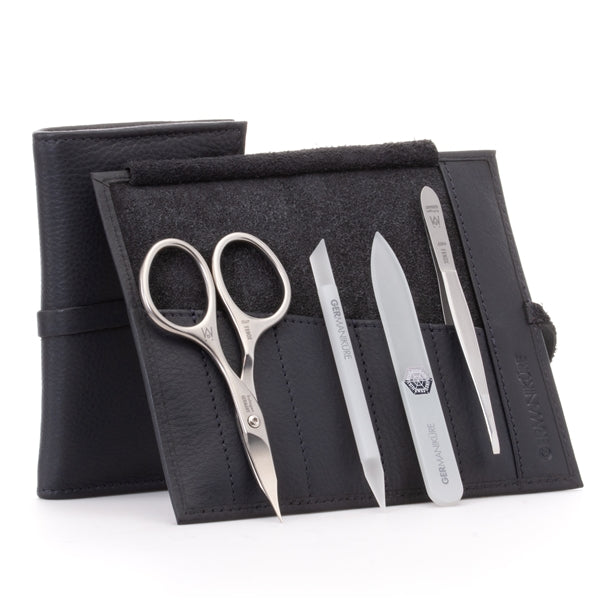 4pcs Nail Care Kit in Leather Case, FINOX® Surgical Stainless Steel: Combination Scissors, Tweezer, Glass Cuticle Stick and Nail File