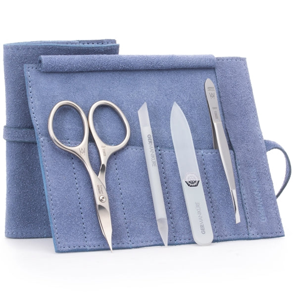 4pcs Travel Nail Care Kit, German FINOX® Surgical Stainless Steel: Combination Scissors, Tweezers, Glass stick and Glass Nails File in Suede Case