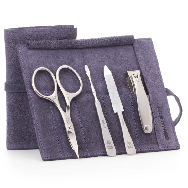 GERMANIKURE - Manicure Set in Suede Case - 4pc - FINOX® Stainless Steel: Combination Scissors, Nail Clipper, Nail Cleaner and Sapphire Nail File