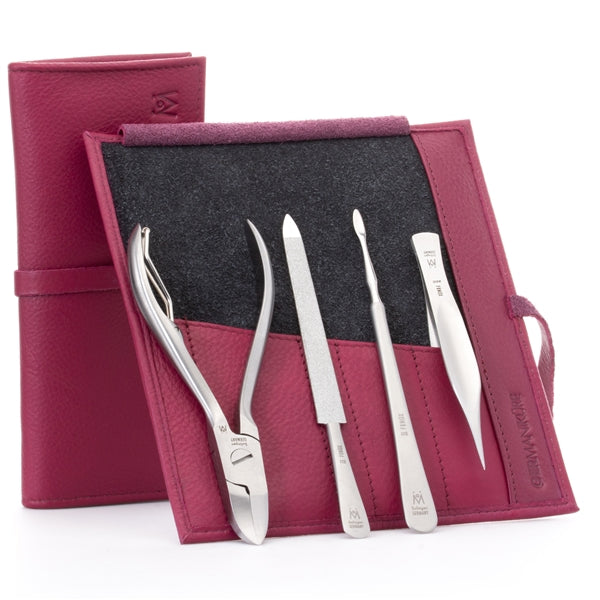 GERMANIKURE - 4pc Manicure Set in Leather Case - FINOX® Stainless Steel: Toenail Nipper, Cleaner, Pointed Tweezer and Sapphire Nail File