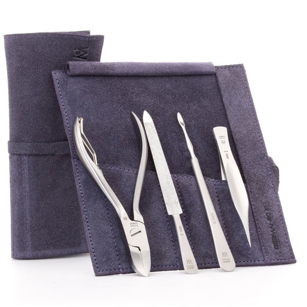 GERMANIKURE 4pc Manicure Set in Suede Case - FINOX - Stainless Steel: Toenail Nipper, Cleaner, Pointed Tweezer and Sapphire Nail File