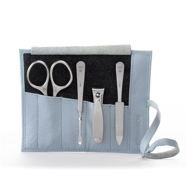 GERMANIKURE 4pc Manicure Set in Leather Case - FINOX® Stainless Steel - Combination Scissors, Nail Clipper, Nail Cleaner and Sapphire Nail File