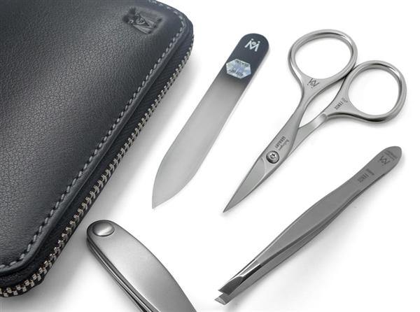 4pcs Travel Nail Care Set German FINOX® Surgical Stainless Steel: Scissors, Nail Clippers, Glass Nail File and Tweezers