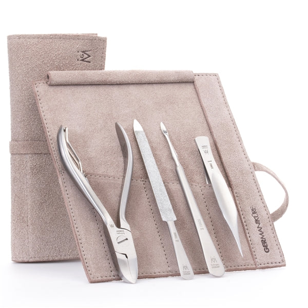 GERMANIKURE 4pc Manicure Set in Suede Case - FINOX - Stainless Steel: Toenail Nipper, Cleaner, Pointed Tweezer and Sapphire Nail File