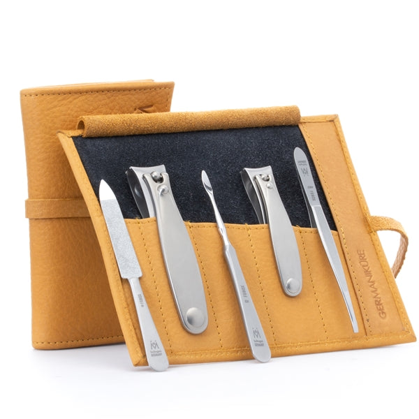 GERMANIKURE 5pc Manicure Set - FINOX® Surgical Steel: Toenail and Fingernail Clippers, Cleaner, Tweezers and Sapphire Nails File in Leather case