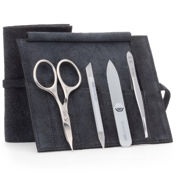 4pcs Travel Nail Care Kit, German FINOX® Surgical Stainless Steel: Combination Scissors, Tweezers, Glass stick and Glass Nails File in Suede Case