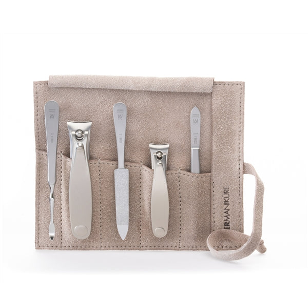 GERMANIKURE 5pc Manicure Set - FINOX® Surgical Steel: Toenail and Fingernail Clippers, Cleaner, Tweezers and Sapphire Nails File in Suede Case