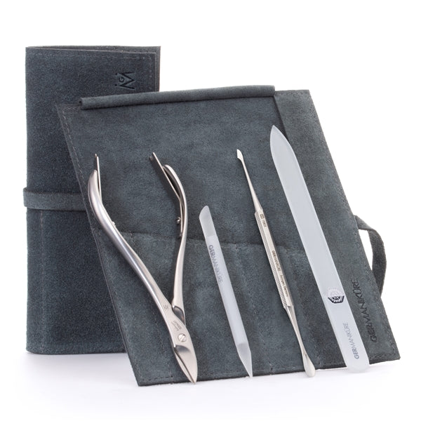 GERMANIKURE 4pc Manicure Set in Suede Case- FINOX® Stainless Steel: Toenail Nissors, Pusher & Cleaner, Glass Cuticle Stick and Nail File