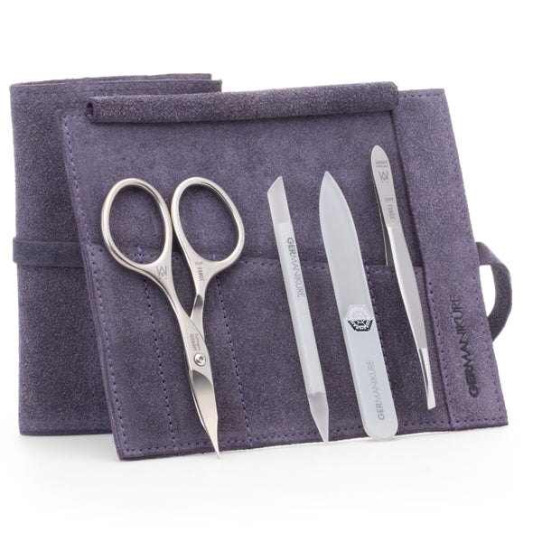 4pcs Travel Nail Care Kit, German FINOX® Surgical Stainless Steel: Combination Scissors, Tweezers, Glass stick and Glass Nails File in Suede Case