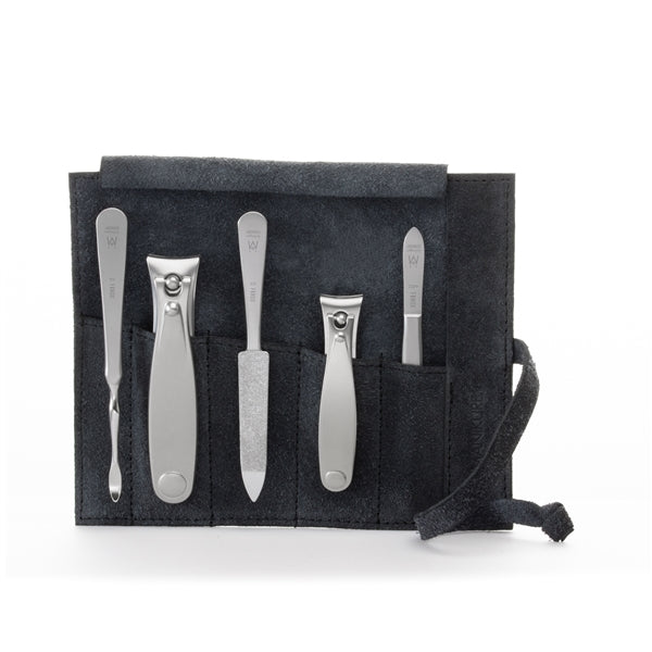 GERMANIKURE 5pc Manicure Set - FINOX® Surgical Steel: Toenail and Fingernail Clippers, Cleaner, Tweezers and Sapphire Nails File in Suede Case