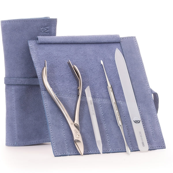 GERMANIKURE 4pc Manicure Set in Suede Case- FINOX® Stainless Steel: Toenail Nissors, Pusher & Cleaner, Glass Cuticle Stick and Nail File