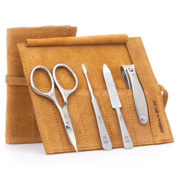 GERMANIKURE - Manicure Set in Suede Case - 4pc - FINOX® Stainless Steel: Combination Scissors, Nail Clipper, Nail Cleaner and Sapphire Nail File