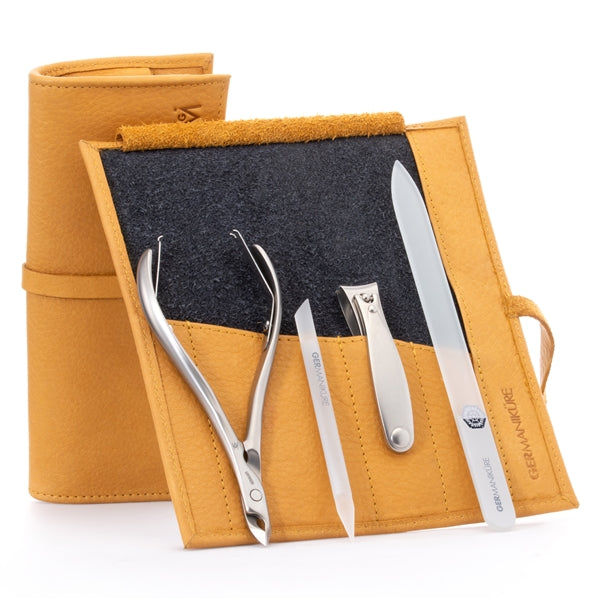 GERMANIKURE - 4pc Manicure Set in Leather Case - FINOX® Stainless Steel: Cuticle Nipper, Nail Clipper, Glass Cuticle Stick and Nail File