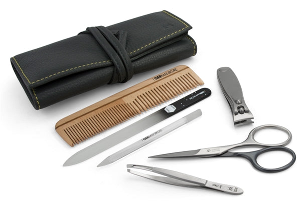 6pcs Grooming Tool Kit German FINOX22 Titanium Steel: Self-Sharpening Scissors, Clippers, Glass Nail File and Stick, Wood Comb