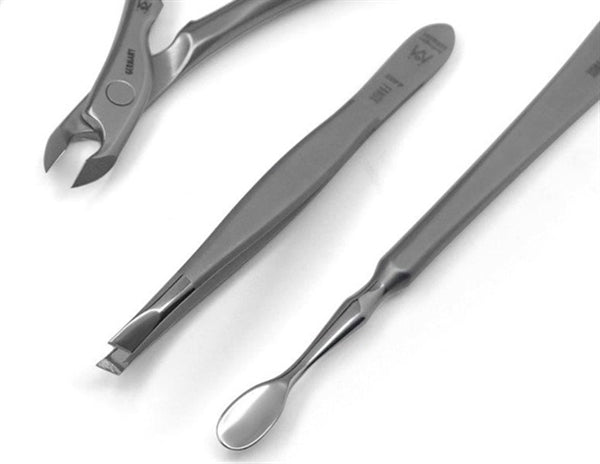 5pcs Manicure Set German FINOX® Surgical Stainless Steel: Nippers, Nail Clippers, Tweezers, Cuticle Pusher and Glass Nails File