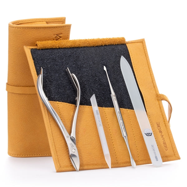 GERMANIKURE 4pc Manicure Set in Leather Case - FINOX® Stainless Steel: Toenail Nissors, Pusher & Cleaner, Glass Cuticle Stick and Nail File