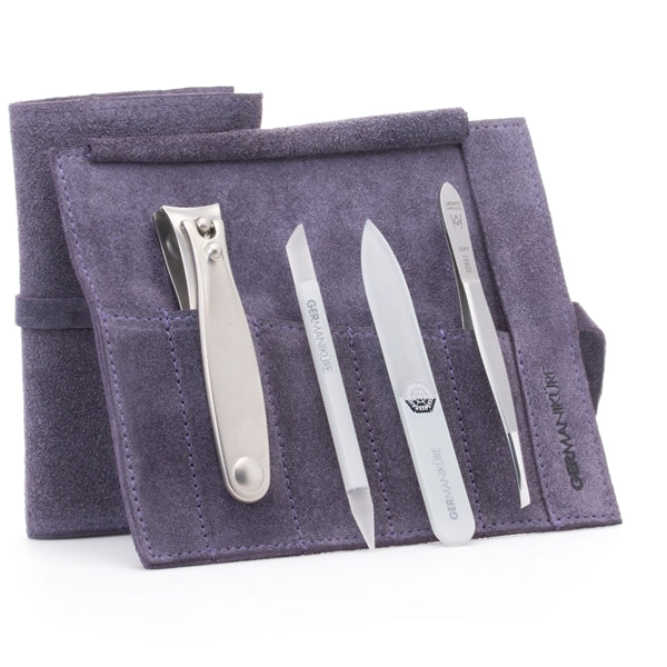 GERMANIKURE 4pc Manicure Set in Suede Case- FINOX® Stainless Steel: Fingernail  Clipper, Tweezer, Glass Cuticle Stick and Nail File