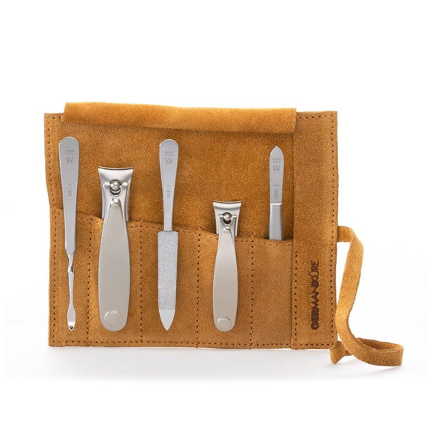 GERMANIKURE 5pc Manicure Set - FINOX® Surgical Steel: Toenail and Fingernail Clippers, Cleaner, Tweezers and Sapphire Nails File in Suede Case