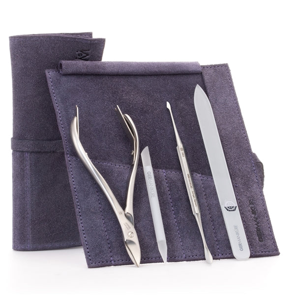 GERMANIKURE 4pc Manicure Set in Suede Case- FINOX® Stainless Steel: Toenail Nissors, Pusher & Cleaner, Glass Cuticle Stick and Nail File