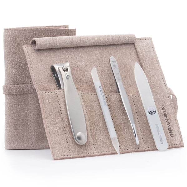 GERMANIKURE 4pc Manicure Set in Suede Case- FINOX® Stainless Steel: Fingernail  Clipper, Tweezer, Glass Cuticle Stick and Nail File