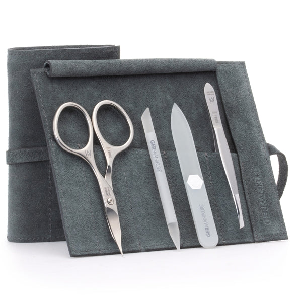 4pcs Travel Nail Care Kit, German FINOX® Surgical Stainless Steel: Combination Scissors, Tweezers, Glass stick and Glass Nails File in Suede Case