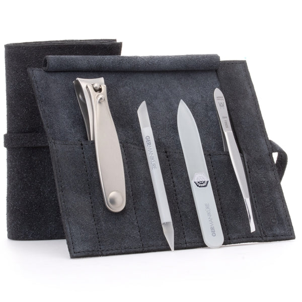 GERMANIKURE 4pc Manicure Set in Suede Case- FINOX® Stainless Steel: Fingernail  Clipper, Tweezer, Glass Cuticle Stick and Nail File