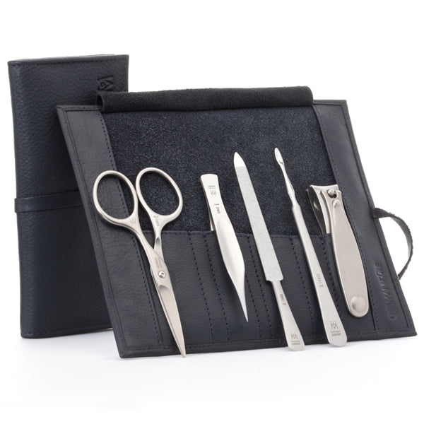 GERMANIKURE 5pc Men's Manicure Set - FINOX® Surgical Steel: Beard & Mustache Scissors, Cleaner, Sapphire Nail File, Tweezers, Toenail Clippers in Leather