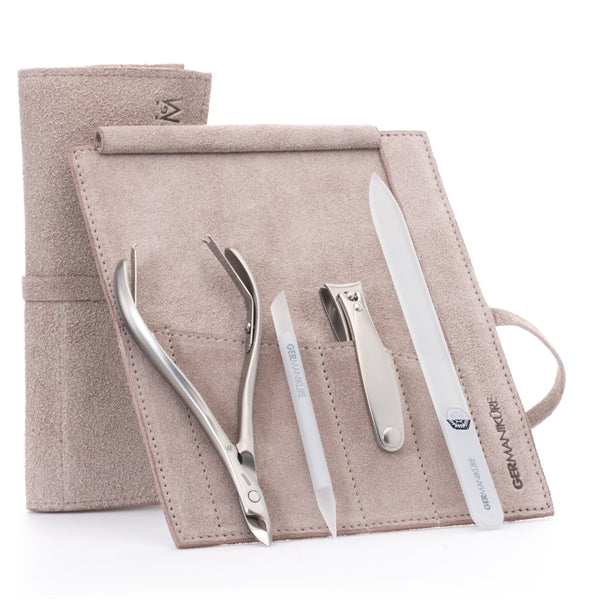 GERMANIKURE 4pc Manicure Set in Suede Case - FINOX® Stainless Steel: Cuticle Nipper, Nail Clipper, Glass Cuticle Stick and Nail File