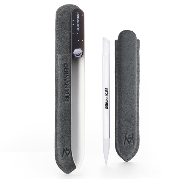 Crystal Glass Cuticle Stick and Philosopher by Night Nail File Set in a stylish suede case, offering premium grooming tools for a flawless manicure