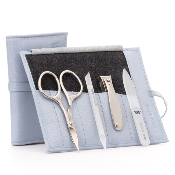 GERMANIKURE - Manicure Set in Leather Case 4pc - FINOX® Stainless Steel: Combination Scissors, Nail Clipper, Glass Cuticle Stick and Nail File